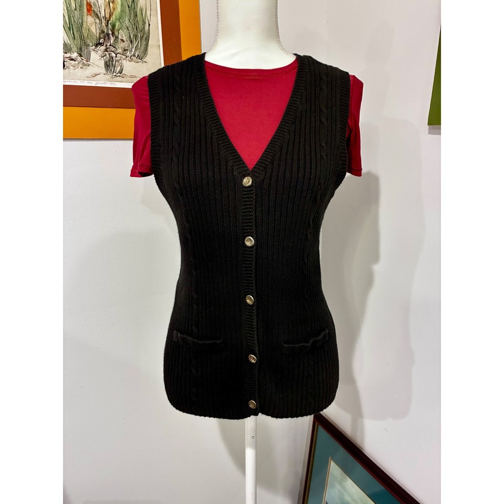 Vintage Sag Harbor Black Sweater Vest Small Gold Buttons 90s Preppy Old Money